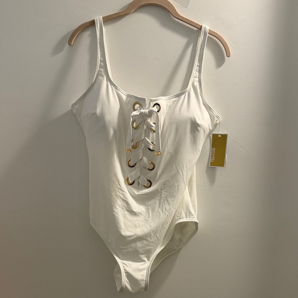 Michael Kors White Lace-Up One Piece Swimsuit size 16 NWT